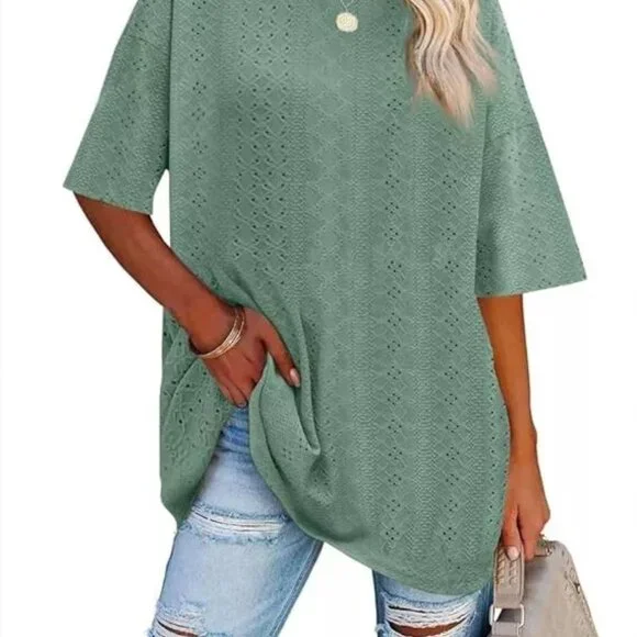 Fazortev Womens Eyelet Crew Neck T Loose Fit Casual Blouse Top(M) - Picture 2 of 5